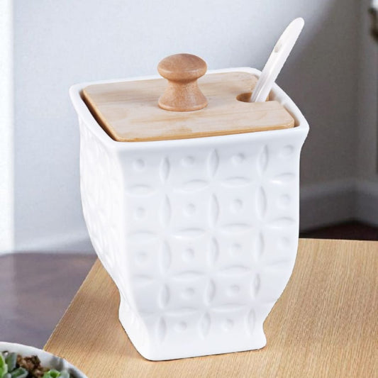 Imperial Collection Ceramic Sugar Pot with Wooden Lid & Spoon – Embossed White Jar for Kitchen & Dining