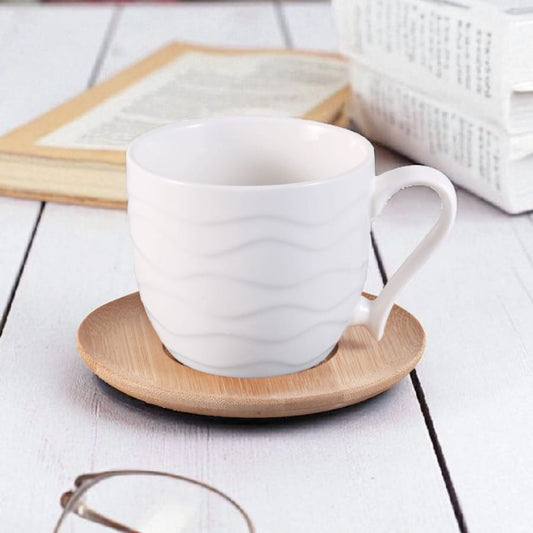 Royal Dine Ceramic Mug with Bamboo Coaster – Set of 6 | Elegant White Tea & Coffee Cups with Natural Wooden Base