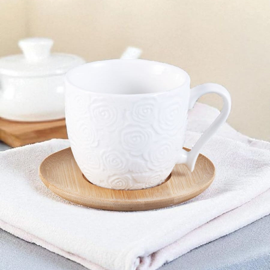 Royal Dine Embossed Ceramic Mug Set with Bamboo Coasters – Set of 6 | White Tea & Coffee Cups with Rose Texture